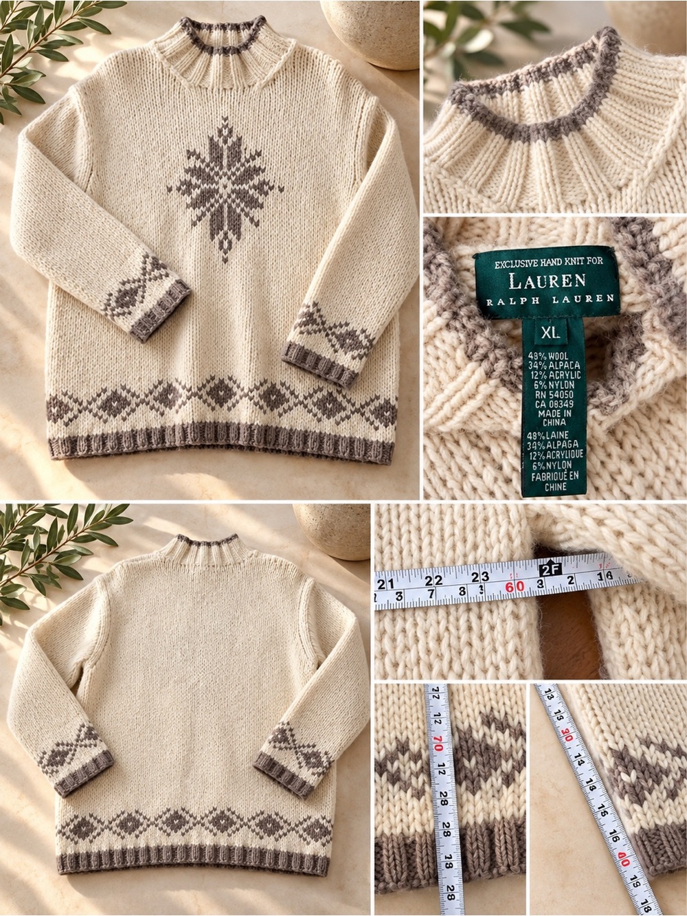 VINTAGE Lauren Ralph Lauren | Exclusive Hand Knit Wool Alpaca Nordic Sweater XL - Picture 2 of 2